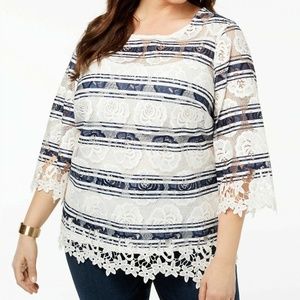 NWT Charter Club Women's White/Blue Floral Striped Lace Blouse Plus Size 1X